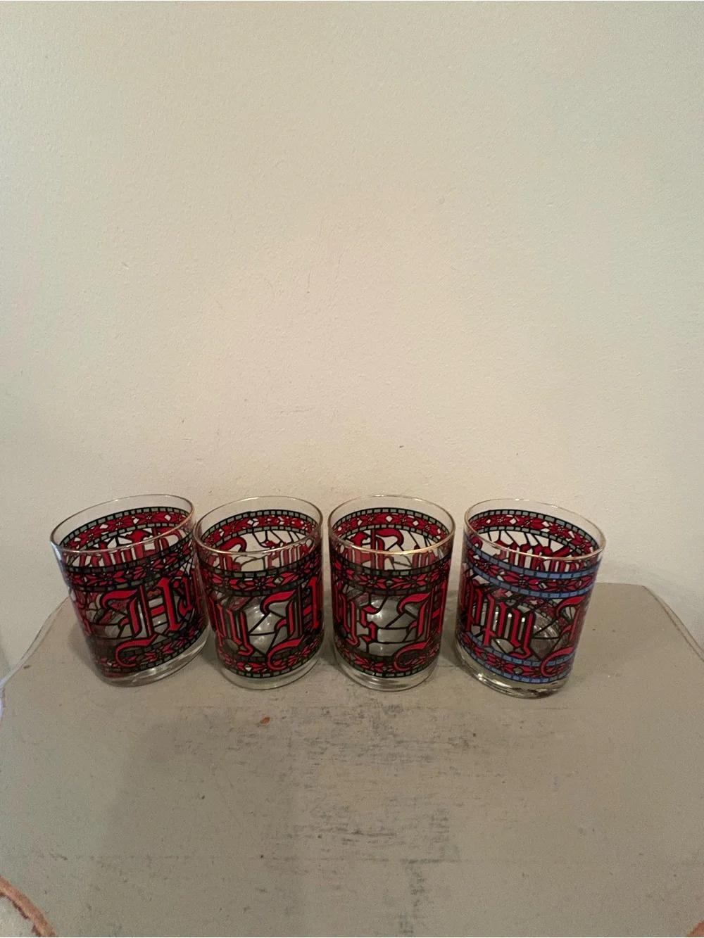 Four VTG Houze Stained Glass Happy Holidays Cocktail Glasses